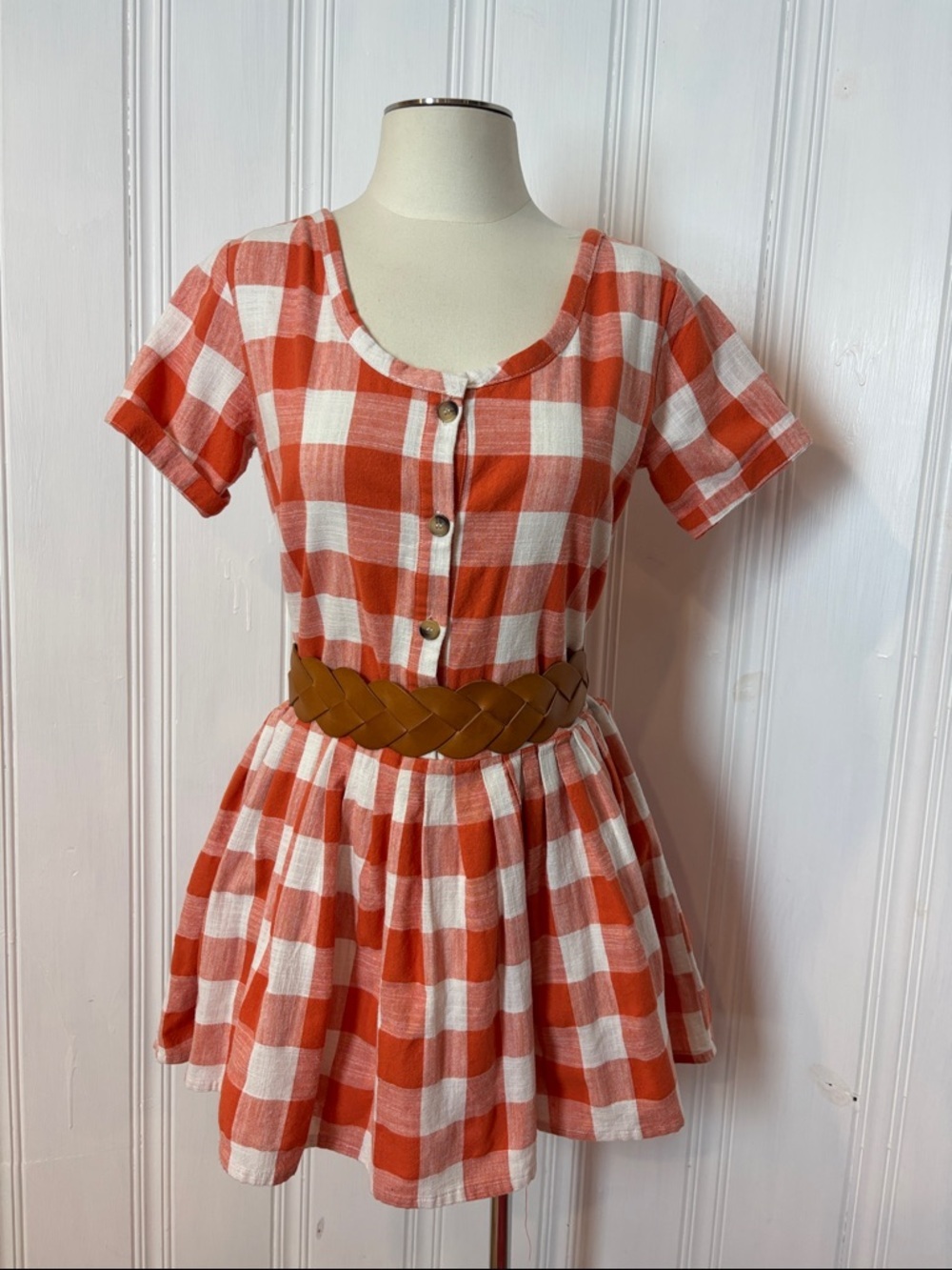 Linen Blend Gingham Dress – Orange & White Summer Dress, Size S/M (estimated)